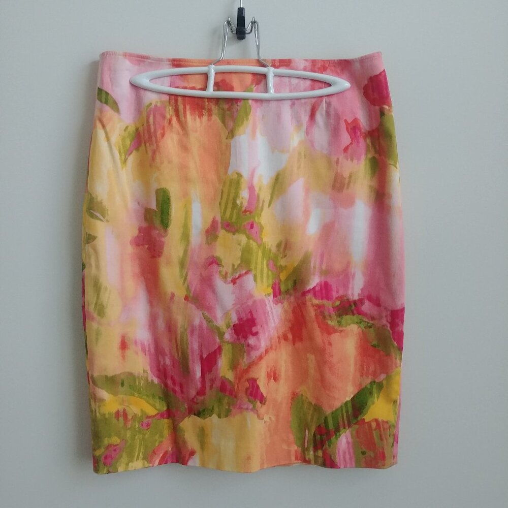Jones New York Stretch cotton bright abstract floral pencil skirt pink green 6